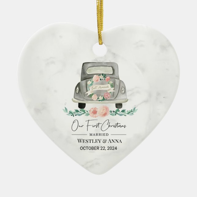Personalisierter Verheirateter Ornament-Wagen Keramik Ornament (Vorne)
