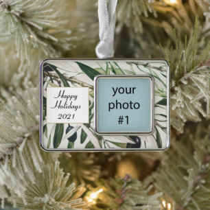 Personalisierter Vintage-Olivenzweig Frohe Feierta Rahmen-Ornament Silber