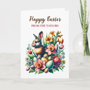 Personalisierter Vintage-Osterhase und Blumen Karte