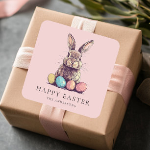 Personalisierter Vintage-Rosa-Hase-und-Ei-Ostern Quadratischer Aufkleber