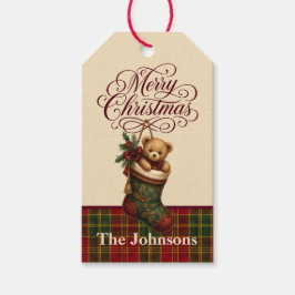 Personalisierter Vintage-Teddybär-Weihnachtsstrump Geschenkanhänger