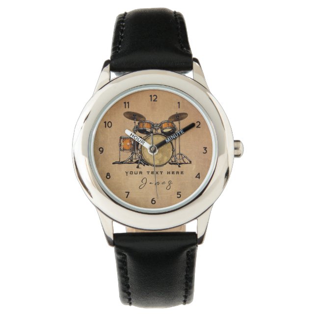 Personalisierter Vintager Drum Set Music Drummer Armbanduhr (Vorderseite)