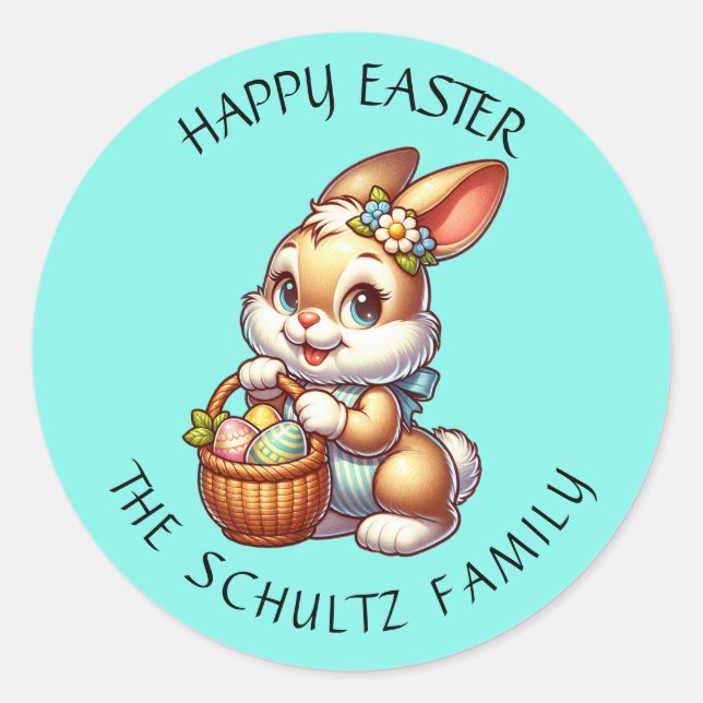 Personalisierter Vintager Osterhase und Korb Runder Aufkleber (Vorderseite)