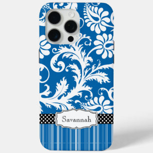 Personalisierter Vintager Sea Blue Damask und Stre iPhone 15 Pro Max Hülle