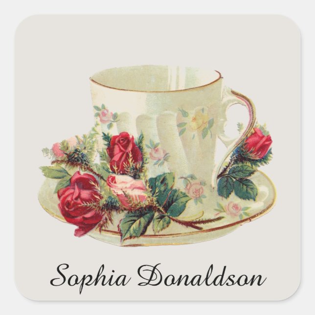 Personalisierter Vintager Teacup und Rose Aufklebe Quadratischer Aufkleber (Vorderseite)