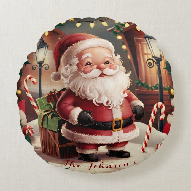 Personalisierter Vintager Weihnachtsmann Retro Wei Rundes Kissen (Vorderseite)