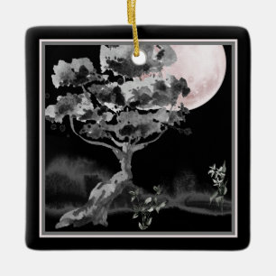 Personalisierter Vollmond und Baum Japanisches Wei Keramikornament