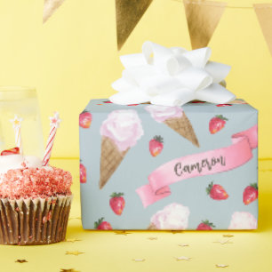 Personalisierter Wasserfarbe-Erdbeereiscreme-Kegel Geschenkpapier