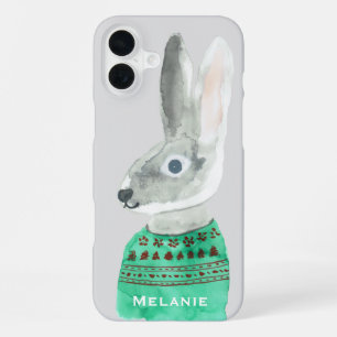 Personalisierter Wasserfarben-Hase im grauen Pullo iPhone 16 Plus Hülle