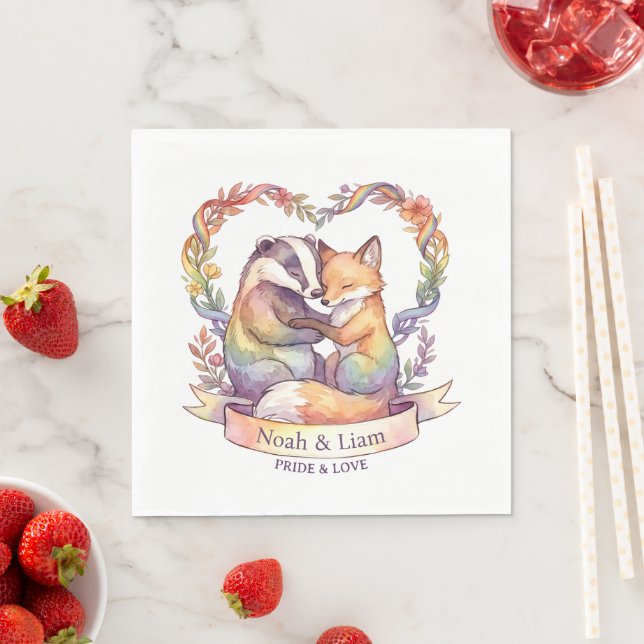 Personalisierter Wasserfarben-Regenbogenfuchs und  Serviette (Beispiel)