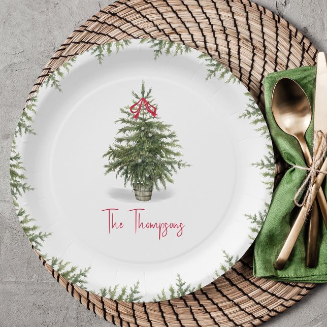 Personalisierter Wasserfarben-Weihnachtsbaum  Pappteller (Christmas party personalized watercolor party paper plate.)