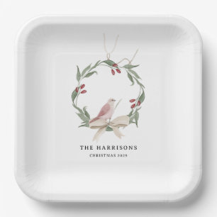 Personalisierter Wasserfarben-Weihnachtskranz Weiß Pappteller