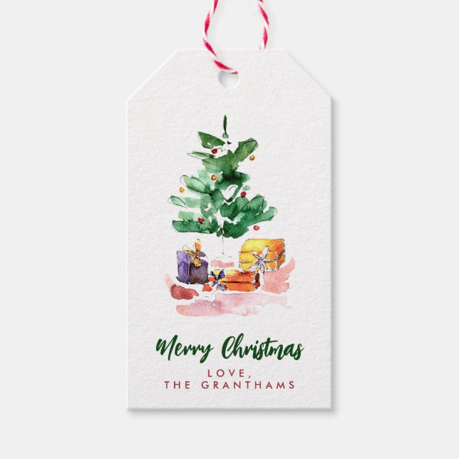 Personalisierter Wasserfarbener Weihnachtsbaum Geschenkanhänger (Vorderseite)
