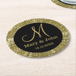 Personalisierter Wedding Monogram Glitzer Gold Runder Pappuntersetzer