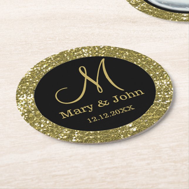 Personalisierter Wedding Monogram Glitzer Gold Runder Pappuntersetzer (Angewinkelt)