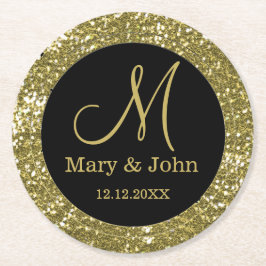 Personalisierter Wedding Monogram Glitzer Gold Runder Pappuntersetzer