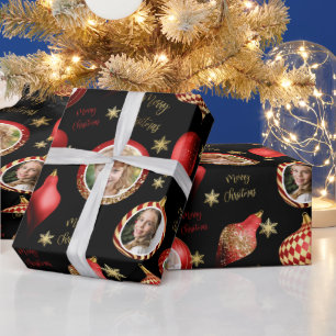 Personalisierter Weihnachts-Rot-Gold-Foto-Schmuck Geschenkpapier