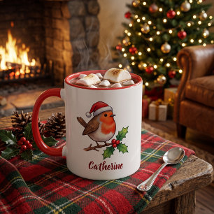 Personalisierter Weihnachts-Rotkehlchen mit Santa- Tasse