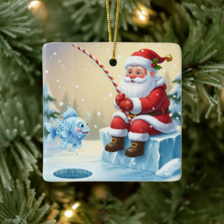 Personalisierter Weihnachts-Santa-Eisfischer Keramikornament