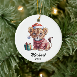 Personalisierter Weihnachtsbaby-Löwe mit Santa-Hut Keramik Ornament