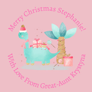 Personalisierter Weihnachtsbaum Girly Dinosaur Geschenkpapier