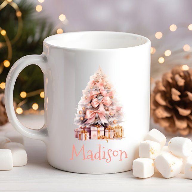 Personalisierter Weihnachtsbaum Kaffeetasse (Personalized Pink Christmas Tree Coffee Mug, Hot Cocoa, Festive Holiday Gift Idea for Her, Friend)