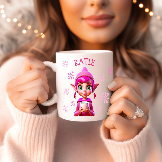 Personalisierter Weihnachtself Rosa Schneeflocken  Kaffeetasse (Von Creator hochgeladen)