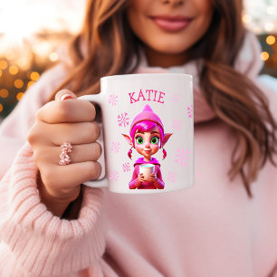 Personalisierter Weihnachtself Rosa Schneeflocken  Kaffeetasse