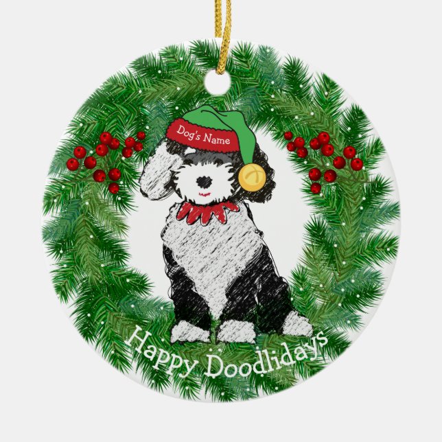 Personalisierter Weihnachtself Sheepadoodle Keramik Ornament (Vorne)