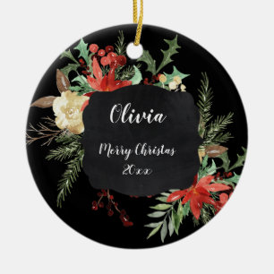 Personalisierter Weihnachtsflorrahmen Schwarz Keramik Ornament