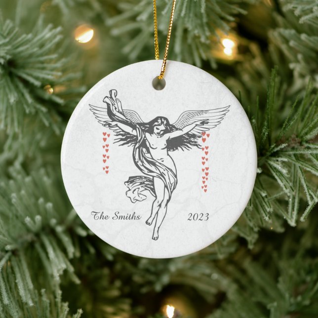 Personalisierter Weihnachtsgel fällt die Herzen Keramik Ornament (Baum)