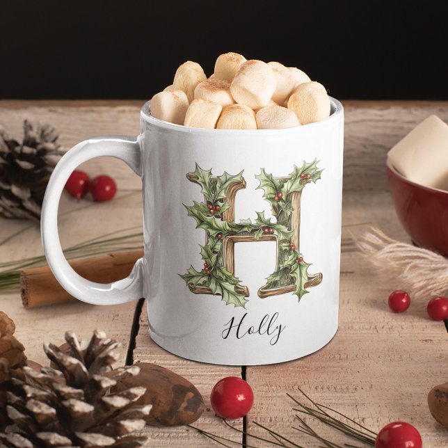 Personalisierter Weihnachtskaffeebecher mit dem Bu Kaffeetasse (Holly Letter H Personalized Christmas Coffee Mug)