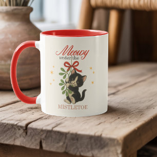 Personalisierter Weihnachtskatze Meowy Mistelzweig Tasse