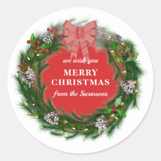 Personalisierter Weihnachtskranz Familienname Runder Aufkleber