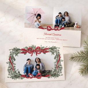 Personalisierter Weihnachtskranz rotes Band 3 Foto Feiertagskarte