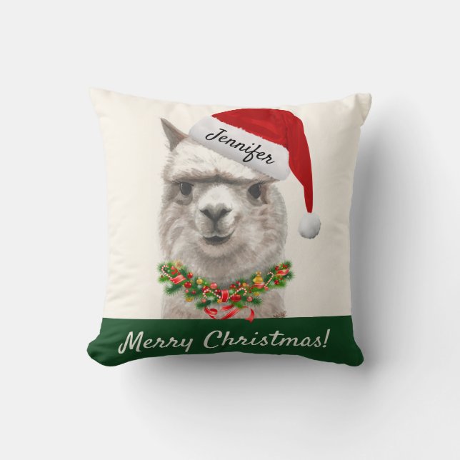 Personalisierter Weihnachtslama lächelt Throw Kiss Kissen (Vorderseite)