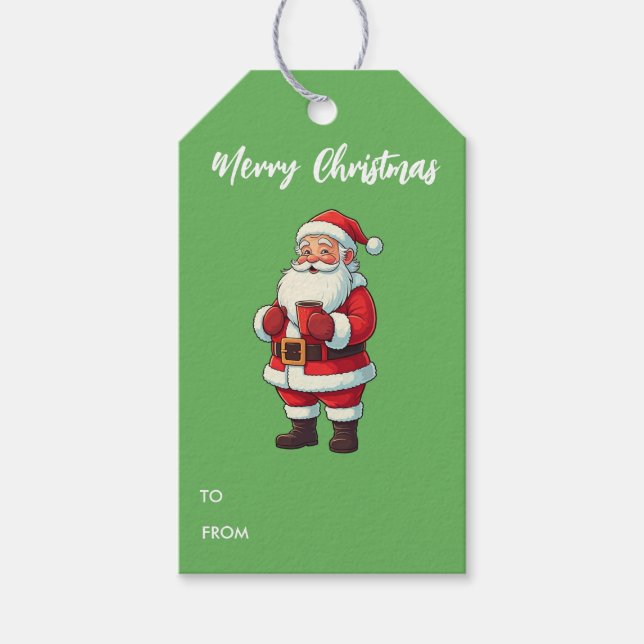 Personalisierter Weihnachtsmann trinkt heiße Schok Geschenkanhänger (Vorderseite)