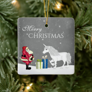 Personalisierter Weihnachtsmann und Einhorn Frohe Keramikornament
