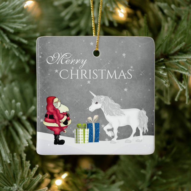 Personalisierter Weihnachtsmann und Einhorn Frohe  Keramikornament (Baum)