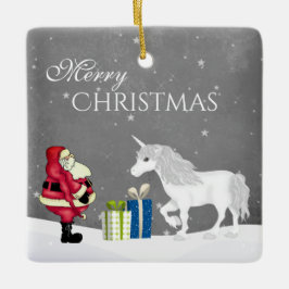 Personalisierter Weihnachtsmann und Einhorn Frohe  Keramikornament