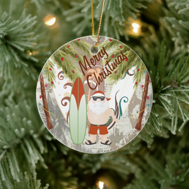 Personalisierter Weihnachtsmann und Surfbretter We Keramik Ornament (Baum)