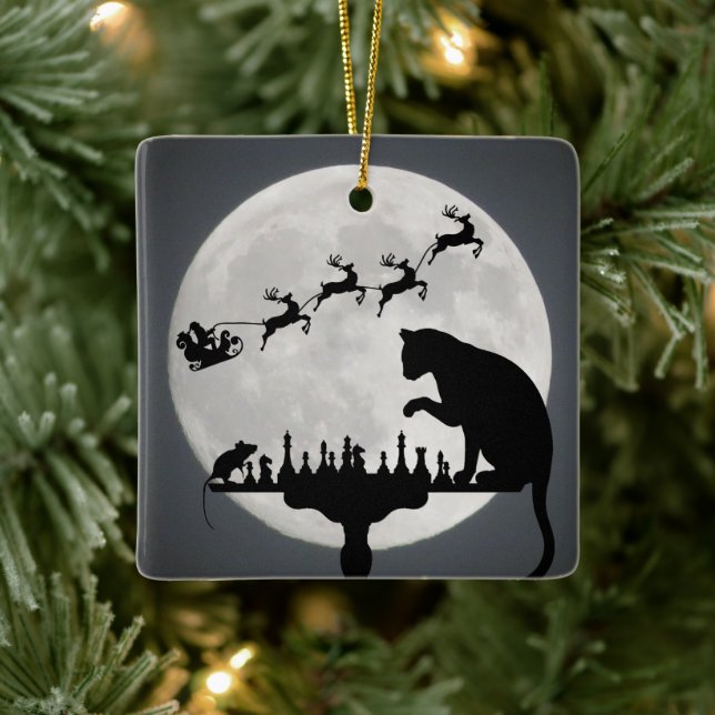 Personalisierter Weihnachtsmann und Vollmondkatze  Keramikornament (Baum)