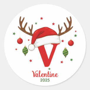 Personalisierter Weihnachtsmonogramm V Santa Hut Runder Aufkleber