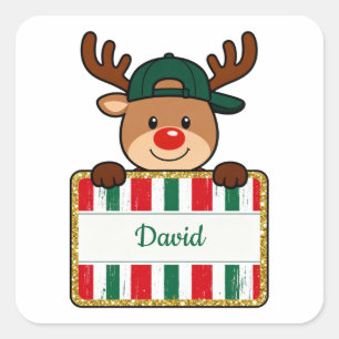 Personalisierter Weihnachtsrentier mit eigenem Nam Quadratischer Aufkleber