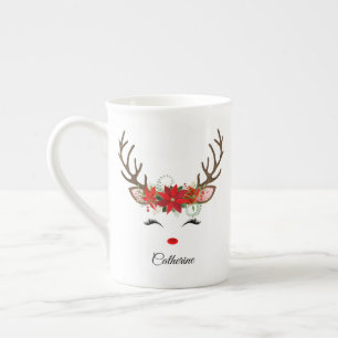 Personalisierter Weihnachtsrentiername mit Blumen Prozellantasse