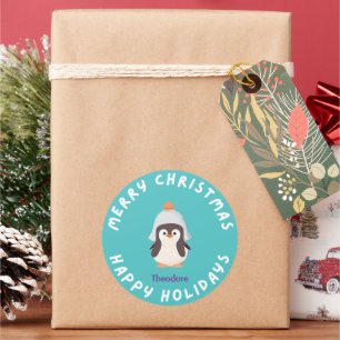 Personalisierter Weihnachtsurlaub Penguin Blau Runder Aufkleber