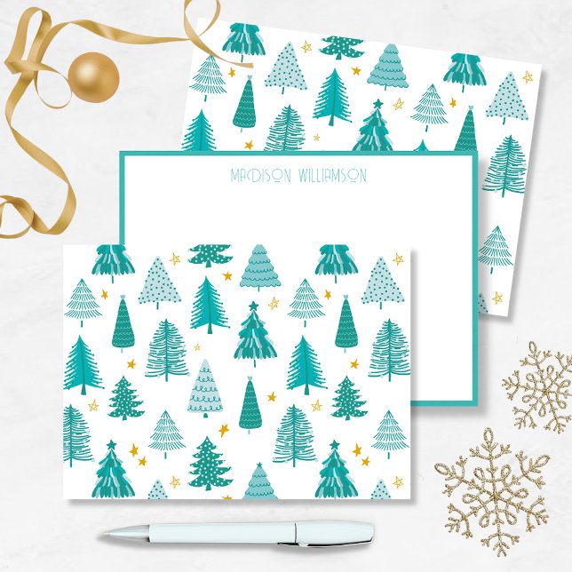Personalisierter Weihnachtswald Mitteilungskarte (Green winter woodland Christmas tree forest holiday notecard. Personalize with your name.)