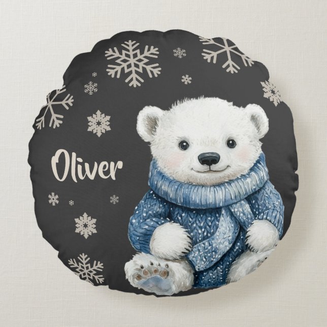 Personalisierter Weißbär Weihnachtsschneeflocke Rundes Kissen (Vorderseite)