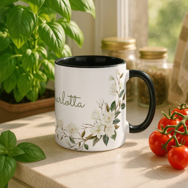 Personalisierter weißer Blumengrat, eleganter benu Tasse (Von Creator hochgeladen)