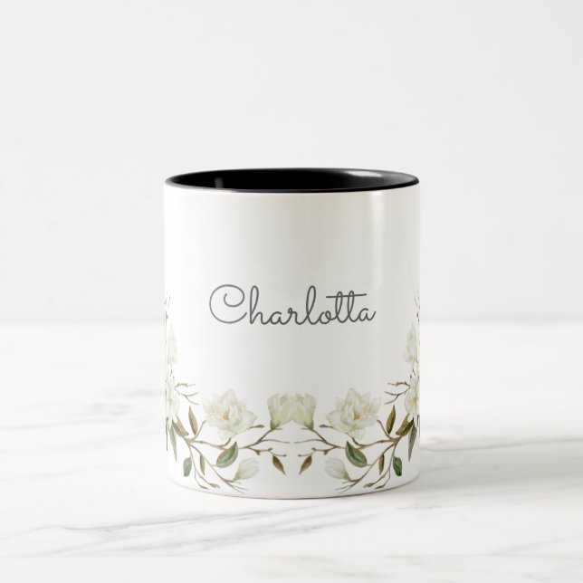 Personalisierter weißer Blumengrüße-Mug, eleganter Zweifarbige Tasse (Mittel)